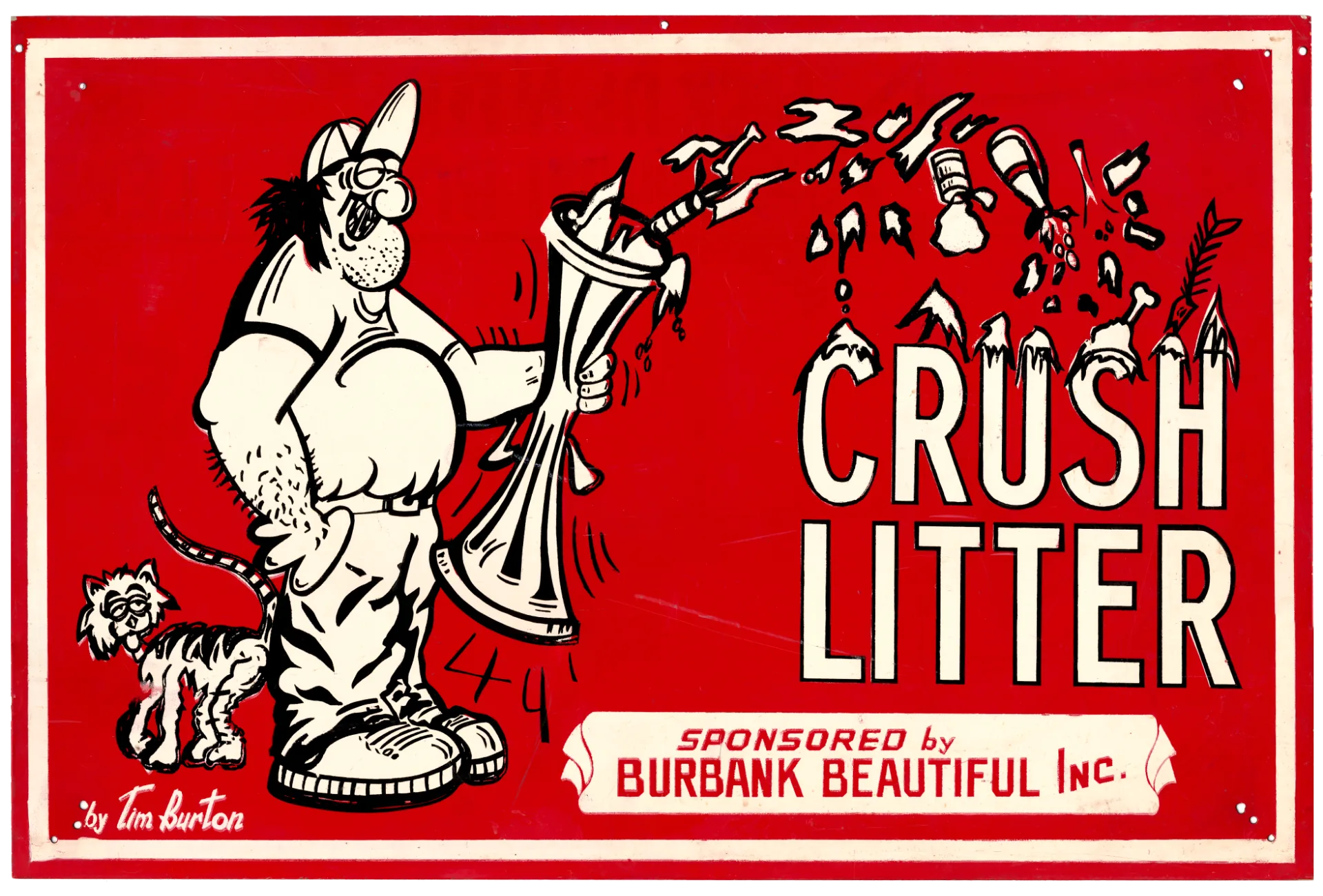 Tim Burton's 1975 Crush Litter poster: a cartoon man with a cat crushing litter, with bold "Crush Litter" lettering and "Sponsored by Burbank Beautiful Inc." on red
