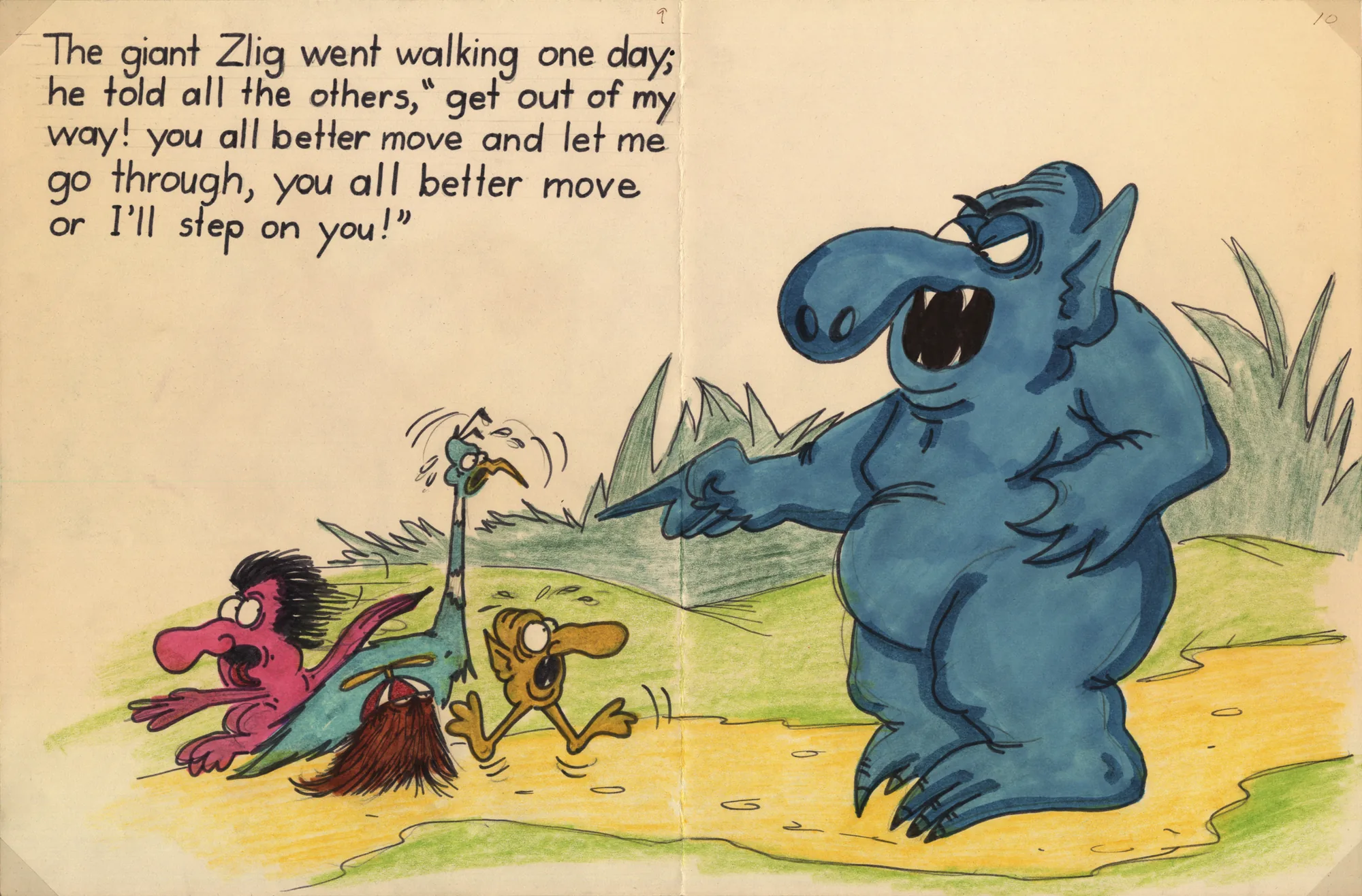 Tim Burton's illustration from The Giant Zlig, showing a blue monster and a small figure in a desert landscape with handwritten text